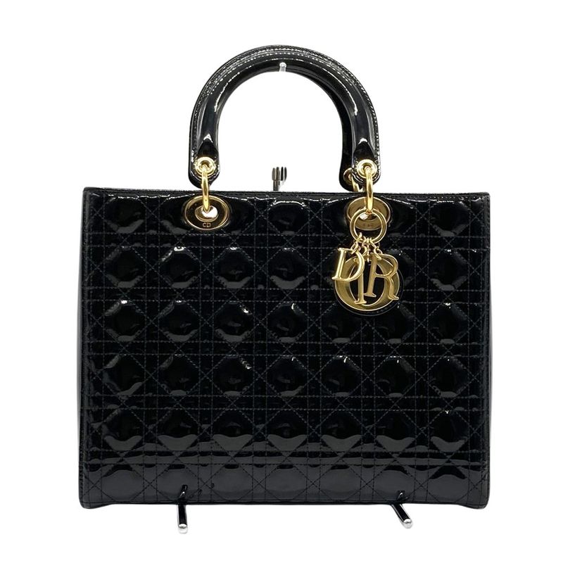 Dior Lady Dior Large Cannage Handbag Patent Leather Black Gold Hardware Women