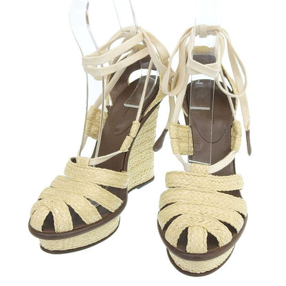 Unused Bottega Veneta Current Logo Straw Leather Wedge Sole Sandals 24cm