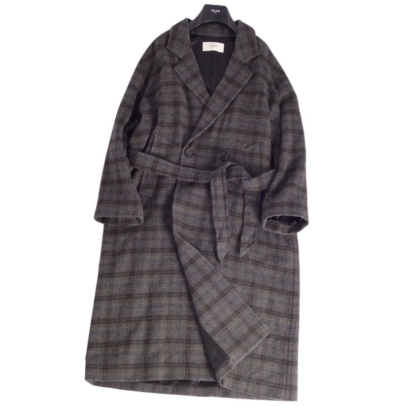 Celine Long Coat Double Breasted Check Wool