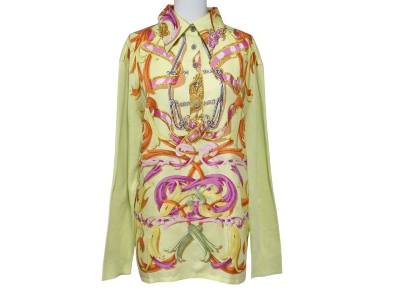 Hermes Twillaine Long Sleeve Polo Shirt Carre Silk Cotton Lime Green Vintage L