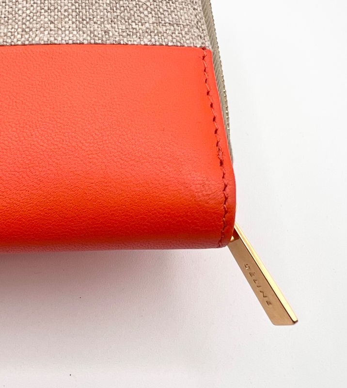 Celine Long Wallet Round Zipper Orange Beige Leather Hemp 09bs057