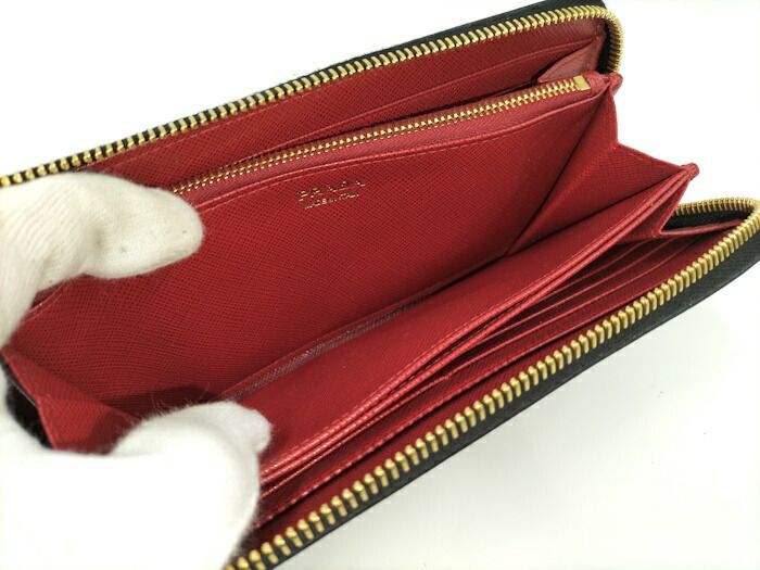 Prada Round Zipper Long Wallet Rose Saffiano Leather Black 1ml506