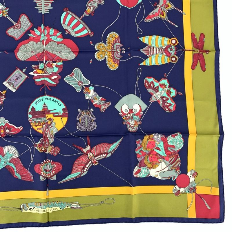 Hermes Carree 90 Soies Volantes Big Sky Silk Scarf 100% Silk Navy Khaki And