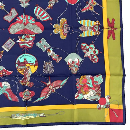 Hermes Carree 90 Soies Volantes Big Sky Silk Scarf 100% Silk Navy Khaki And