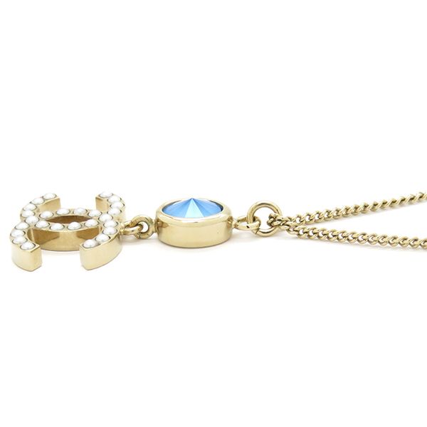 Chanel Necklace Coco Mark Swing Necklace GP Faux Pearl Colored Stone Blue X