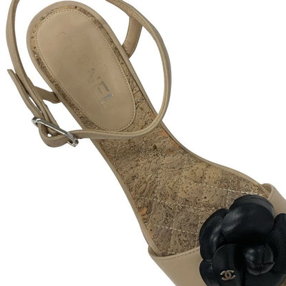 Chanel Sandals Shoes Leather Beige Black Coco Mark Camellia Matelasse Strap