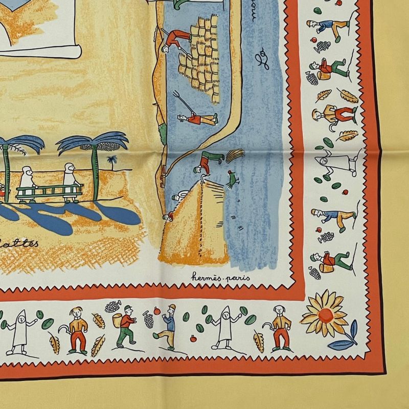 Hermes Carre 90 RE TOUR A LA Terre Back Home 100% Silk Scarf Yellow