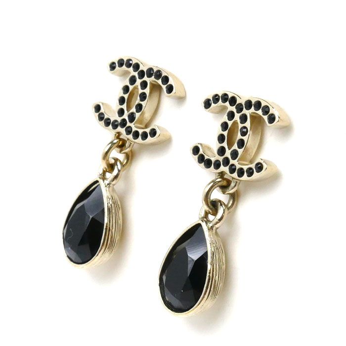 Chanel Metal Coco Mark Black Stone Earrings Ladies Pre-owned