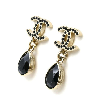 Chanel Metal Coco Mark Black Stone Earrings Ladies Pre-owned