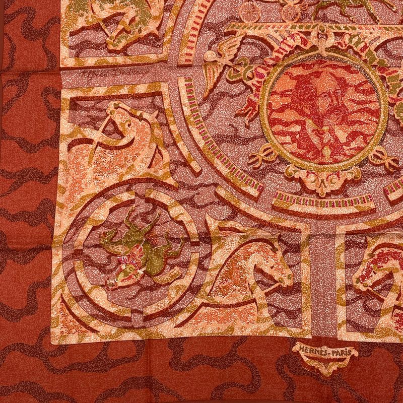 Hermes Peintre DU Cheval Painter Painting Horses Carre 90 100% Silk Scarf Red