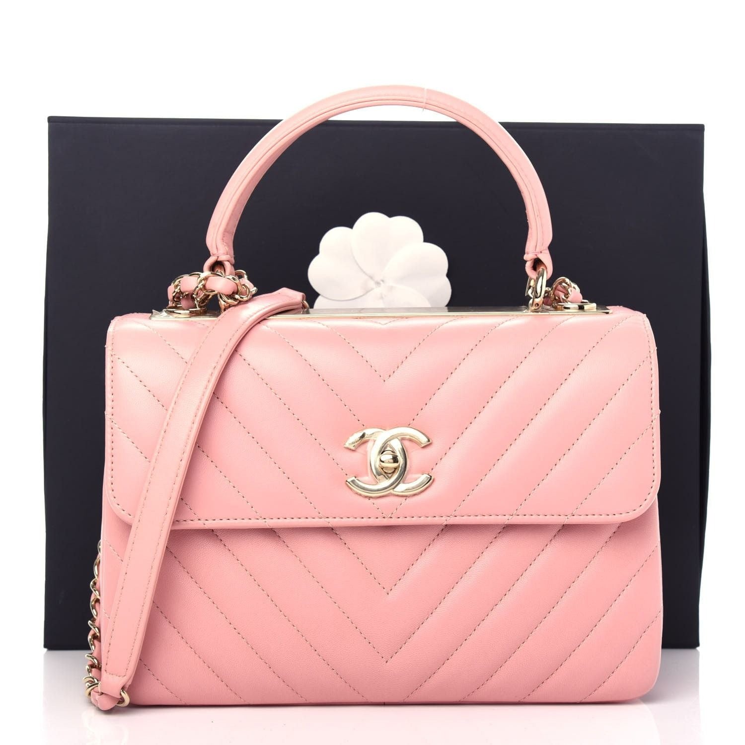 CHANEL Trendy Chevron Lambskin Quilted Dual Handle Flap Bag Pink Tote