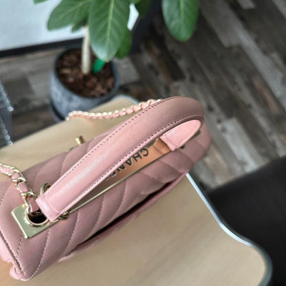 CHANEL Trendy Chevron Lambskin Quilted Dual Handle Flap Bag Pink Tote