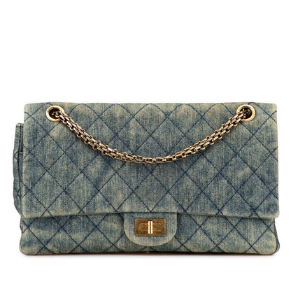Chanel 255 Matelasse 28 Double Flap Chain Shoulder Bag Light Blue Denim Women