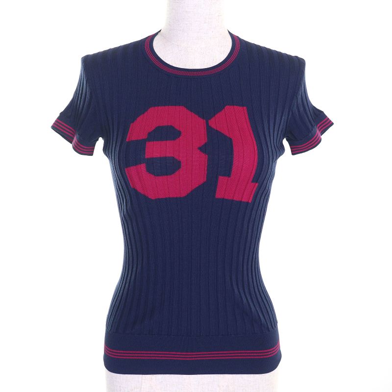 CHANEL P61004 85% Silk Coco Mark Number Rings Tight Ribbed Short Sleeve Knit