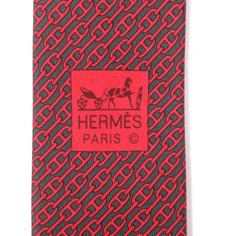 Hermes 5261 100% Silk Anthracite/rouge Cravat Chaine D'ancre Patterned Tie