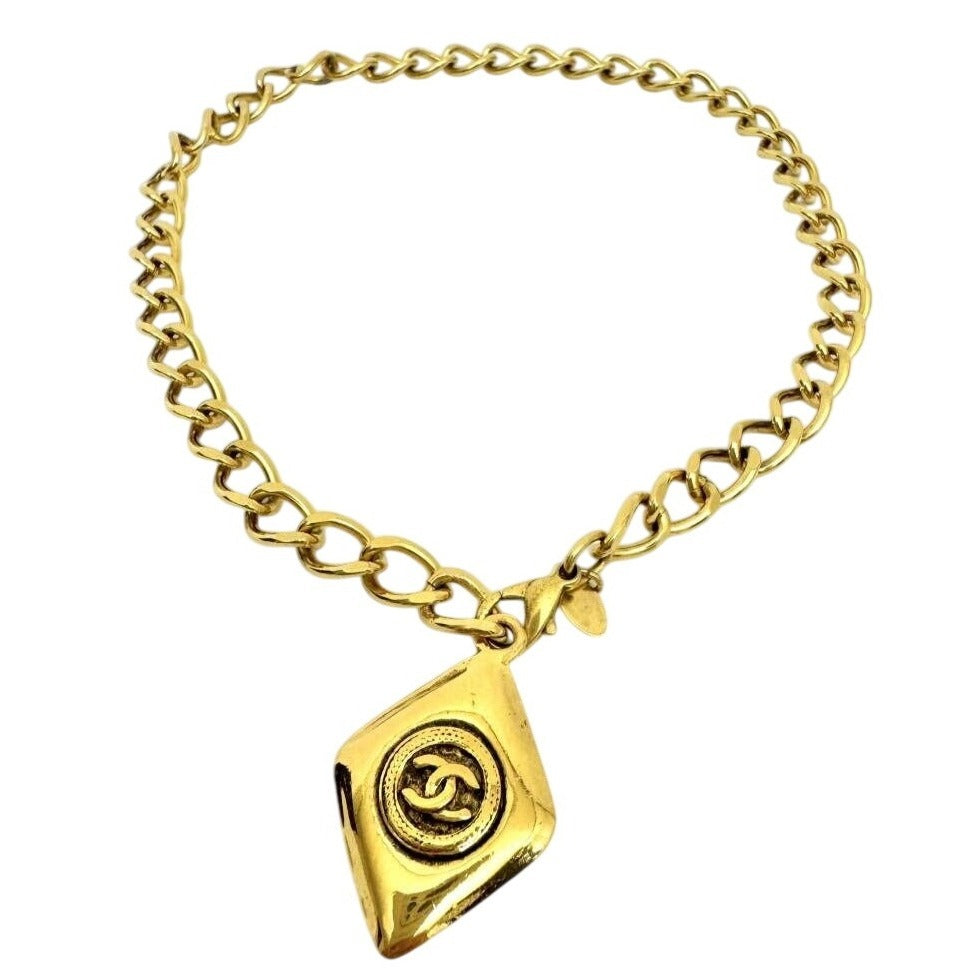 CHANEL CC Vintage 24K Necklace Choker Rhombus Logo Gold 93P