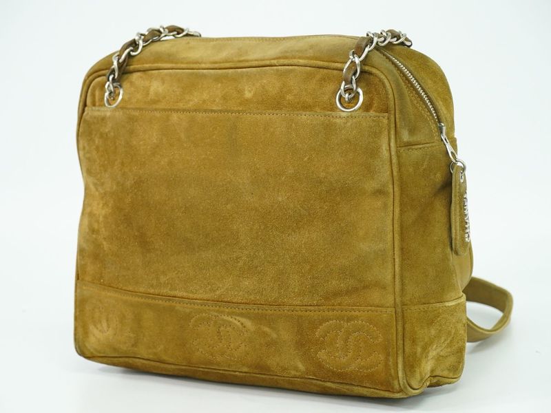 Authentic Chanel Triple Coco Mark Shoulder Bag Suede Leather Brown Coco Mark