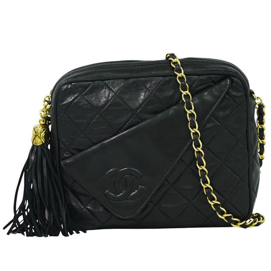 Authentic Chanel Coco Mark Matelasse Tassel Chain Shoulder Bag Lambskin Leather