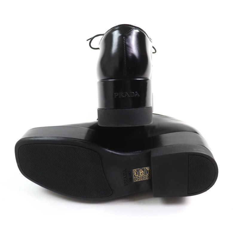 Prada Back Logo Platform Lace Up Leather Shoes Black 35.5 With Box And Storage