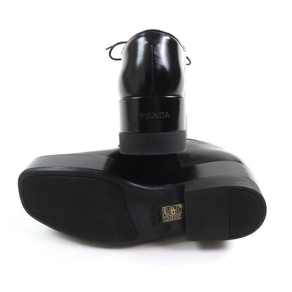 Prada Back Logo Platform Lace Up Leather Shoes Black 35.5 With Box And Storage