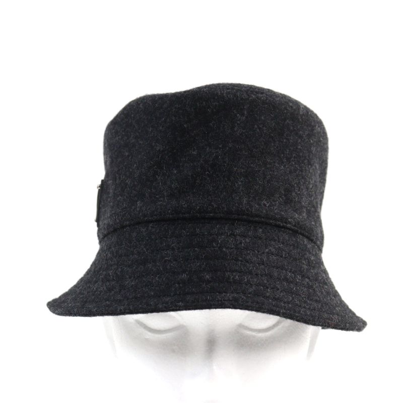 Prada 2hc137 100% Wool Triangle Plate Triangle Logo Bucket Hat Dark Gray M Made