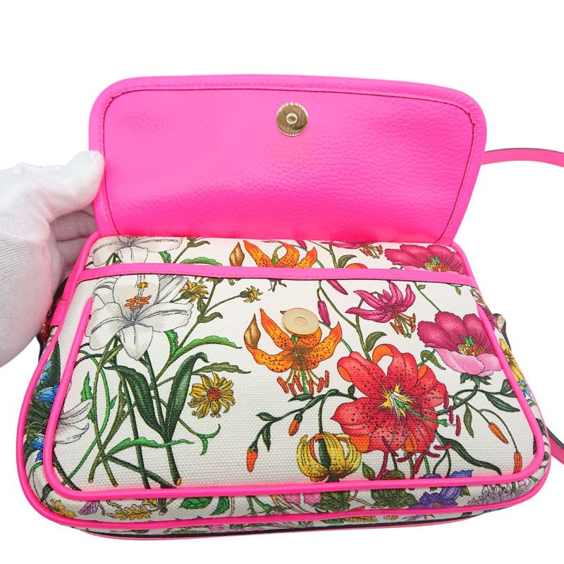 Gucci Flora Shoulder Bag Crossbody Pink Canvas With Floral Pattern