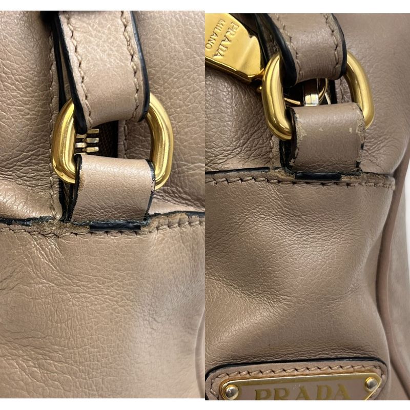 Prada Shoulder Bag Logo Shape Stamped Beige Leather 25ka868