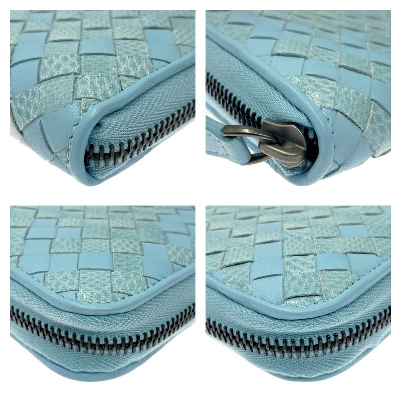 Bottega Veneta Leather Intrecciato Round Zip Wallet Blue 371637 Long Wallet