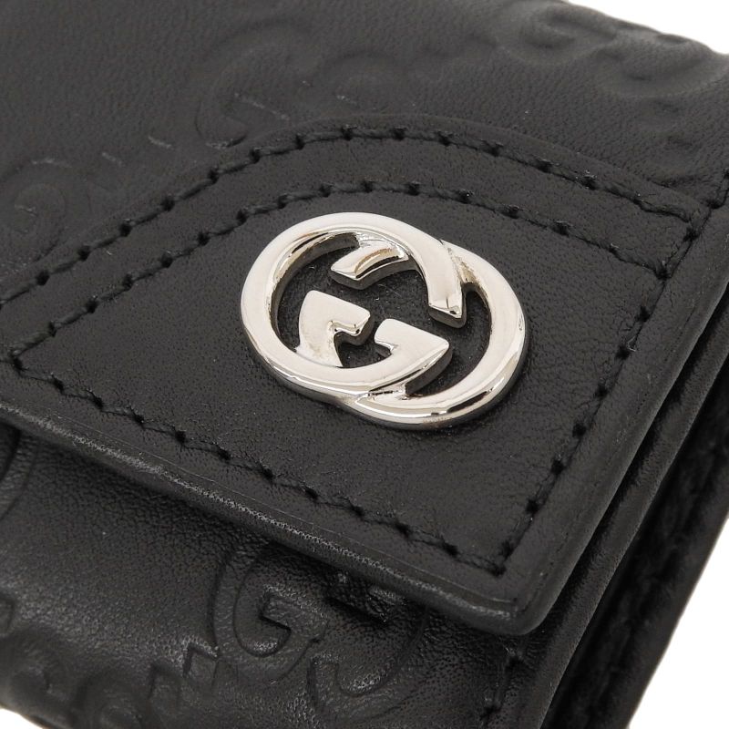 Gucci 181680 Guccissima Interlocking G 6-stack Leather Key Case Black Silver