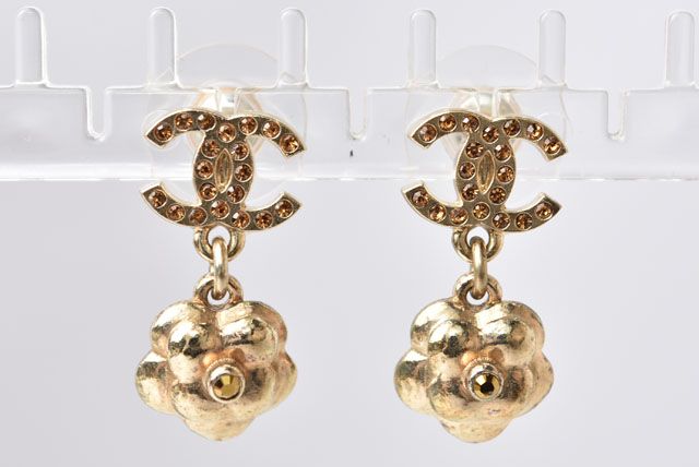 Chanel Earrings Chanel Logo CC Coco Mark Camellia Swing Gold Orange
