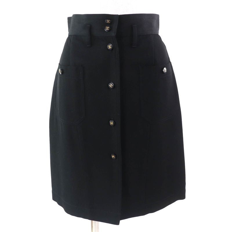 CHANEL Vintage P04919 100% Wool Coco Mark Button Coco Button Tight Skirt Lined