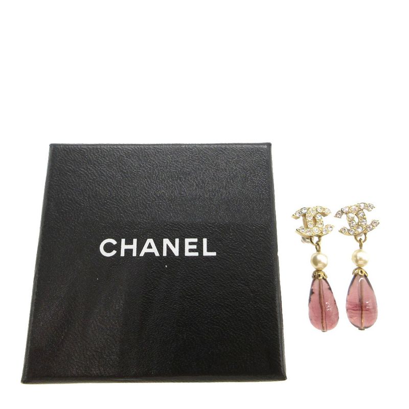 Chanel Coco Mark Earrings Faux Pearl/stone/metal 05P Gold 0755 Chanel