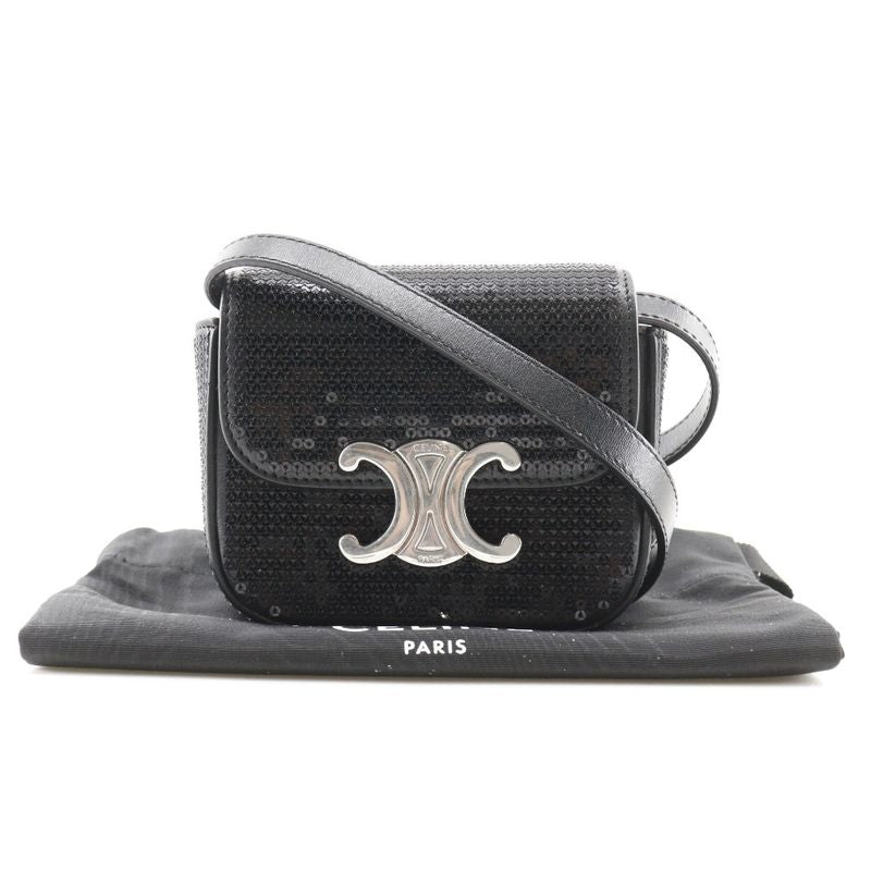 Celine Mini Triomphe 2WAY Clutch Leather X Sequins Black Ladies Shoulder Bag