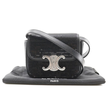 Celine Mini Triomphe 2WAY Clutch Leather X Sequins Black Ladies Shoulder Bag