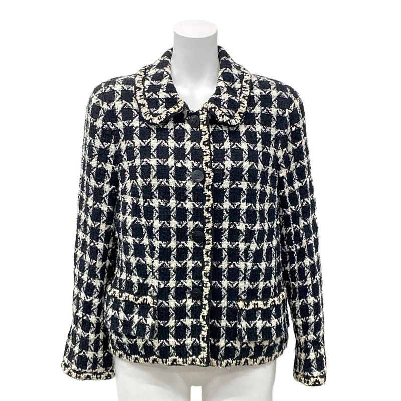Chanel Jacket Size 42 L Women's P09771 Black And Ivory Tweed / Long Sleeves /