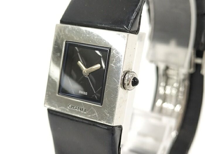 Chanel Ladies Watch Matelasse SS Leather Belt Black Quartz Black Dial H0116