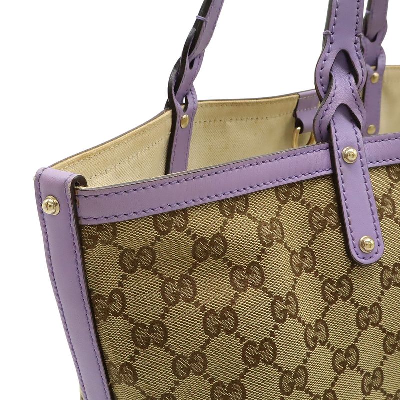 Gucci GG Canvas Tote Bag Shoulder Bag Semi Shoulder Leather Khaki Beige Purple