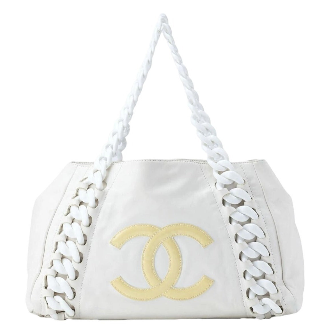 CHANEL CC Vintage Tote Purse Shoulder Bag Lambskin Leather Beige White