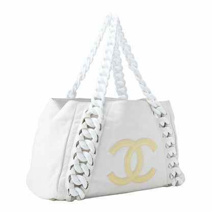 CHANEL CC Vintage Tote Purse Shoulder Bag Lambskin Leather Beige White