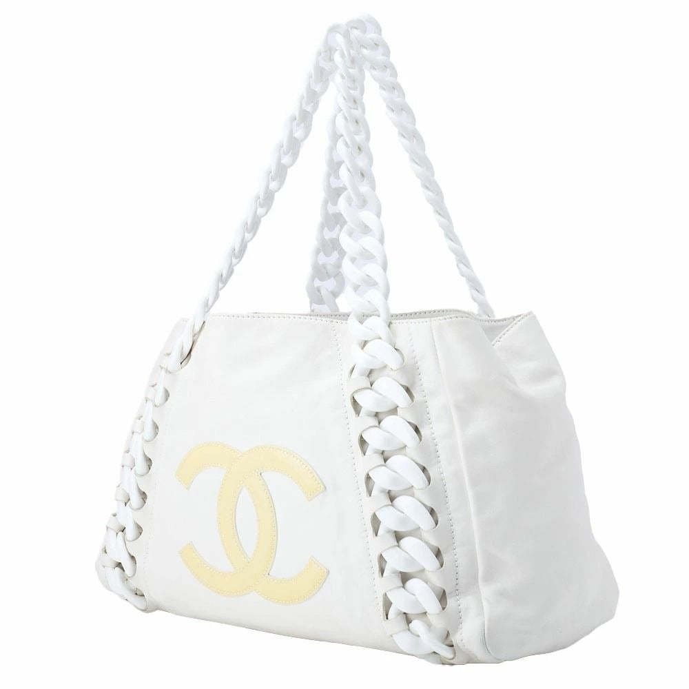 CHANEL CC Vintage Tote Purse Shoulder Bag Lambskin Leather Beige White