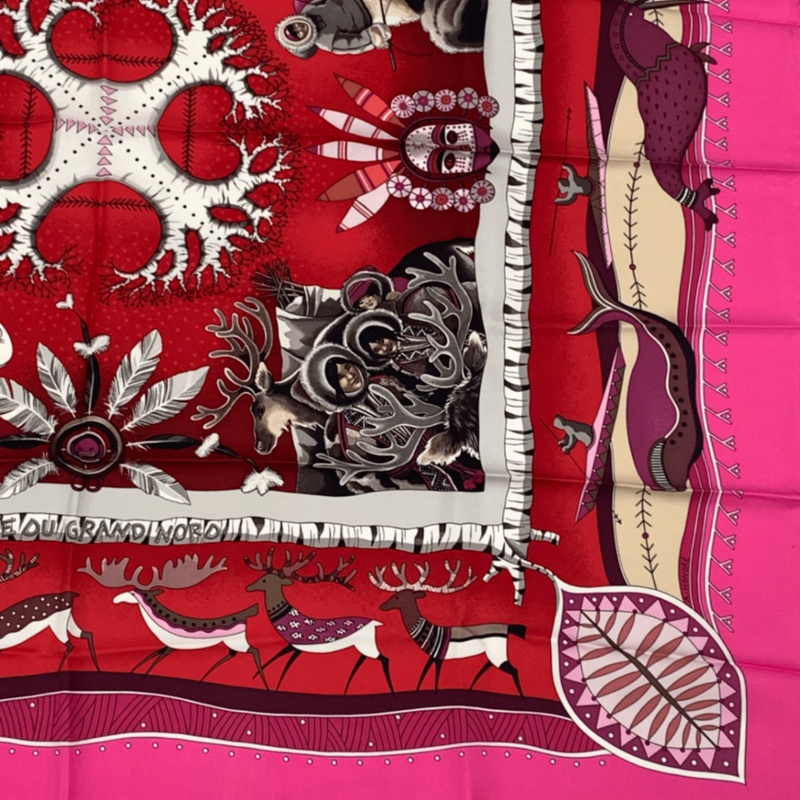 Hermes Carre 90 LA VIE DU Grand NORD Arctic Life Pink Scarf Silk