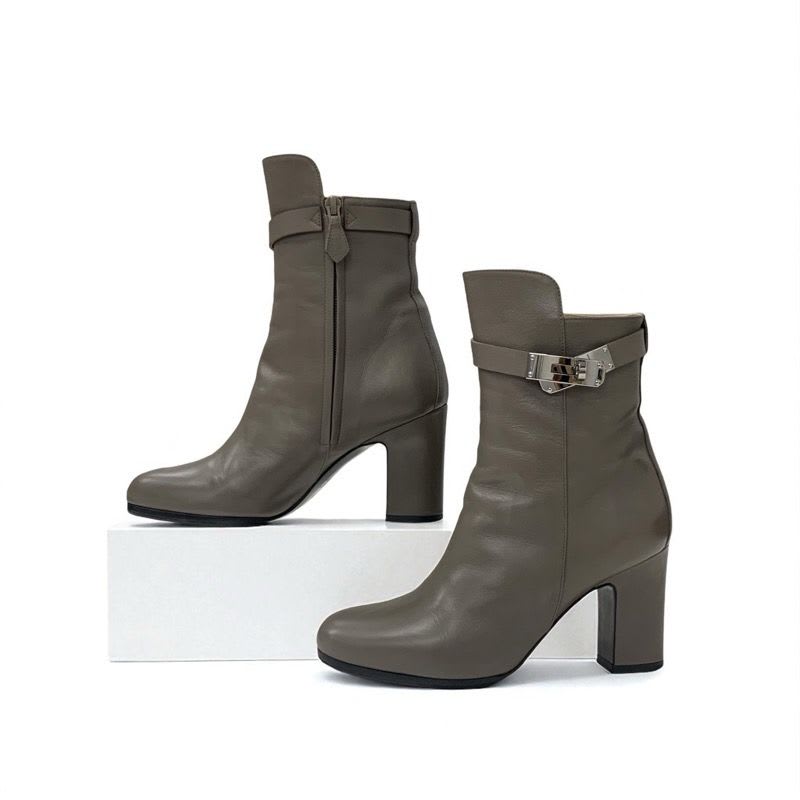 Hermes Boots Short Shoes Leather Grey Silver Kelly Hardware