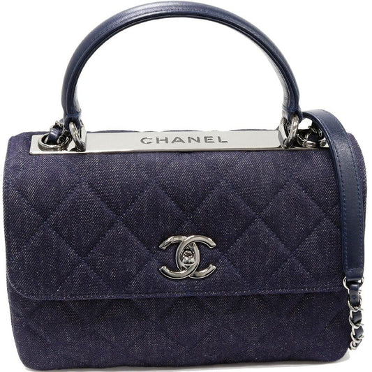Chanel Handbag Shoulder Bag Matelasse Top Handle Denim Canvas Navy Silver