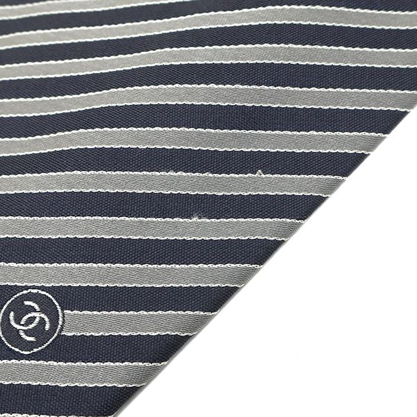 Chanel Necktie Striped 9.5cm (3.74in) Silk Gray and Navy Coco Mark
