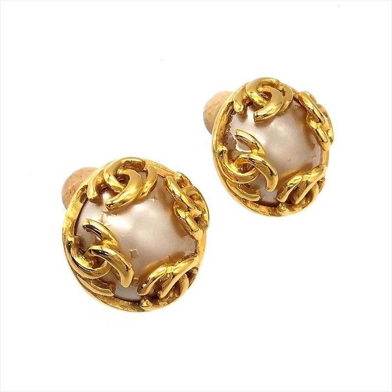 Chanel Earring 95A Gold Coco Mark Faux Pearl Vintage