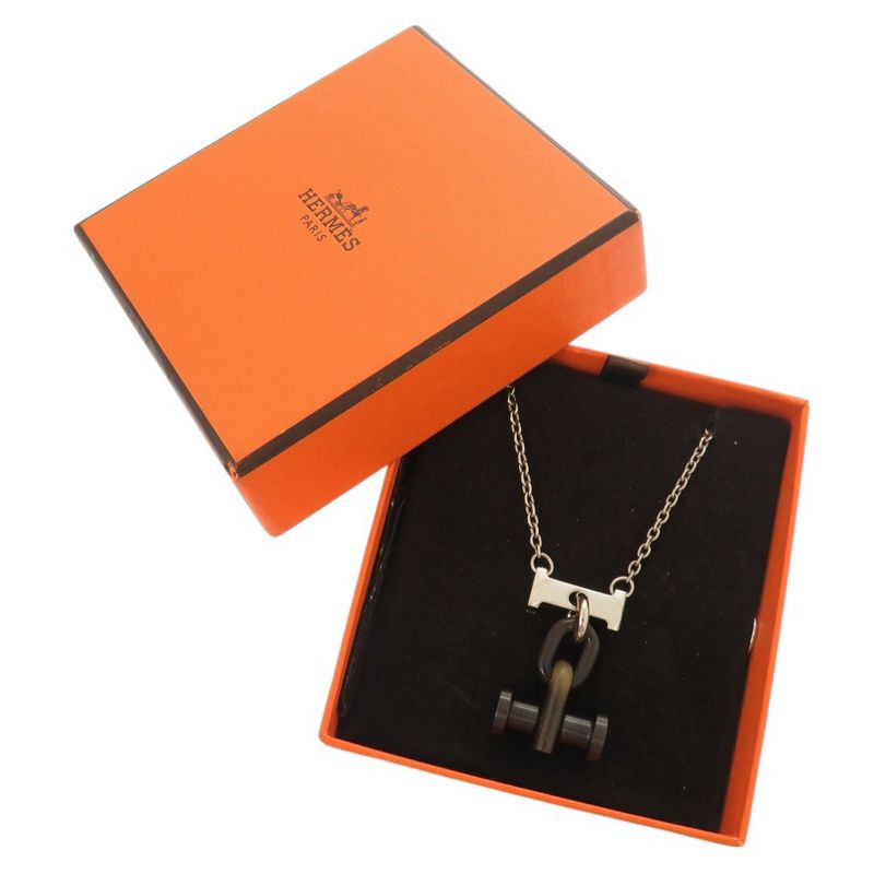 Hermes Mobil H Metal Buffalo Horn Silver Necklace Pendant 1081 Hermes Men's