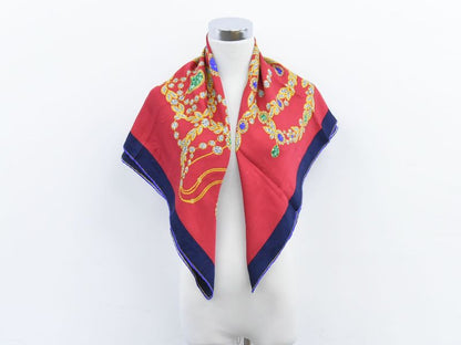 Authentic Cartier Jewelry Pattern Scarf Shawl Bandana Silk Red Navy Multicolor