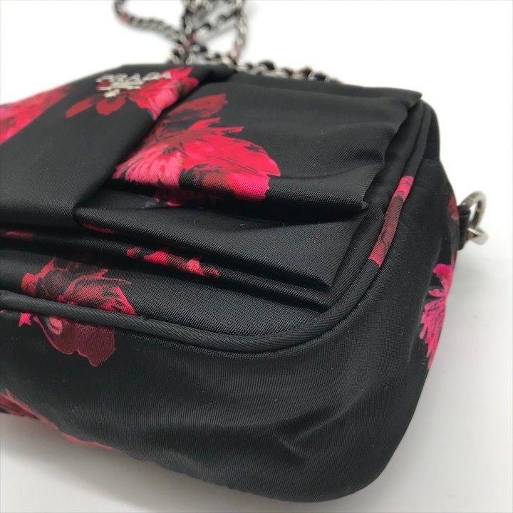 Prada Nylon Tessuto Logo Flower Floral Pattern Mini Chain Shoulder Pouch Black