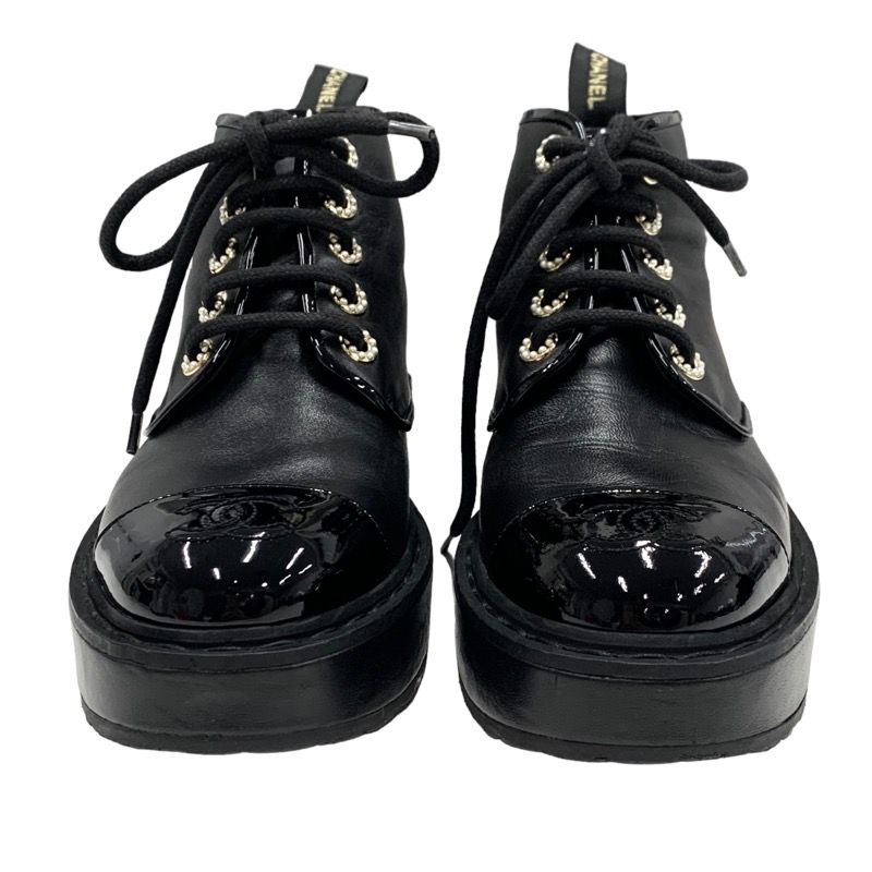 Chanel Boots Short Boots Shoes Here Mark Lace Up Pearl Leather Patent Black
