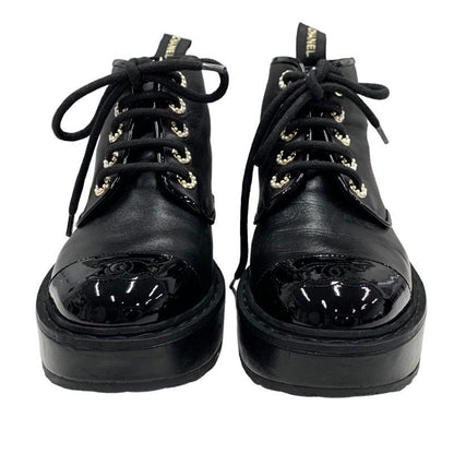 Chanel Boots Short Boots Shoes Here Mark Lace Up Pearl Leather Patent Black